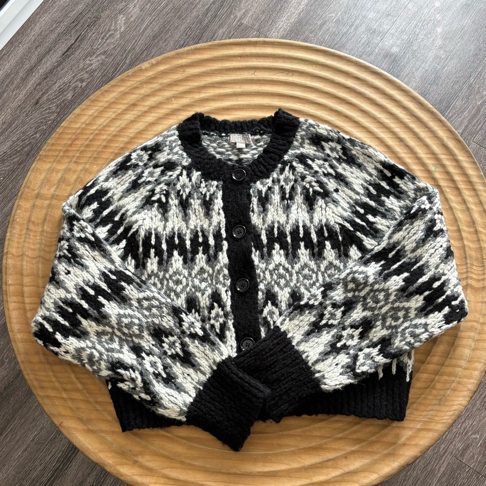 J. Crew Black and White Patterned Wool Cardigan